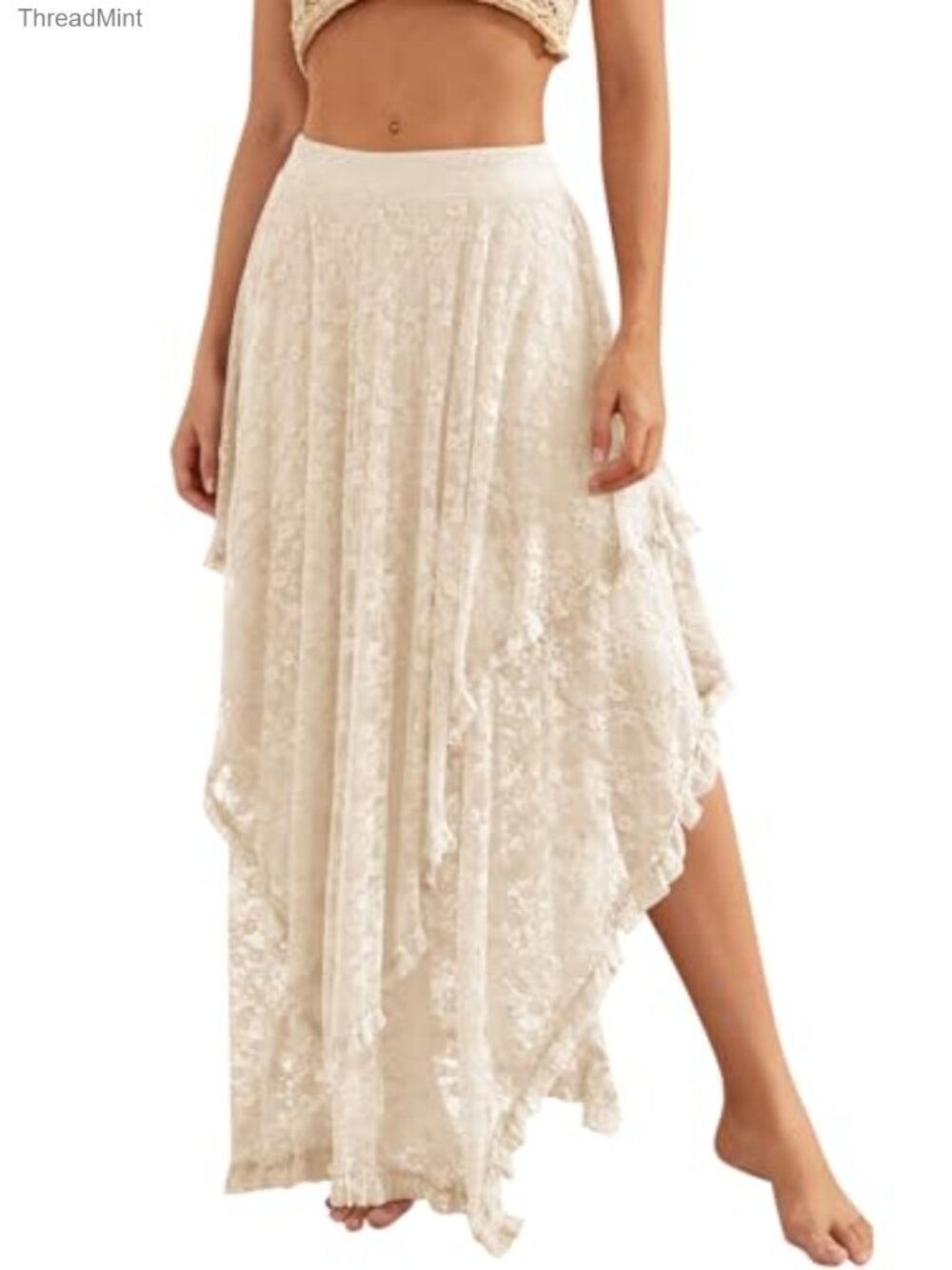 Lace Asymmetrical Layered Hem See-Through Flowy Maxi Skirt - Picture 1 of 6